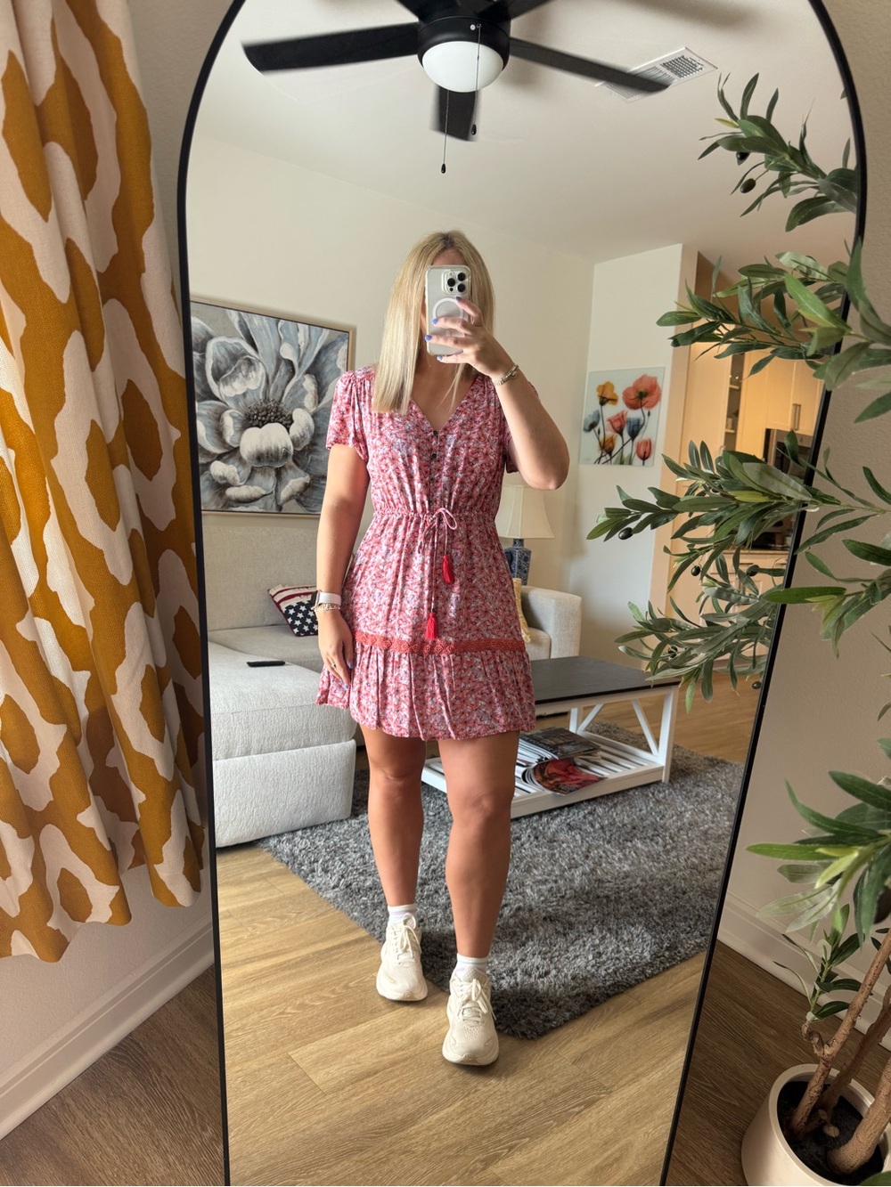 Knox Rose Pink Floral Tie-Waist Ruffle Mini Dress
